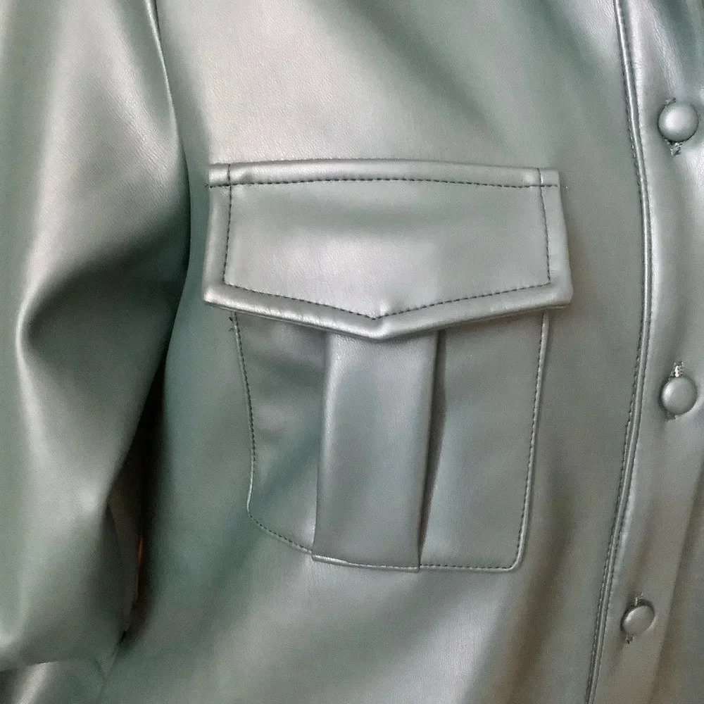 HILARY MACMILLAN Forest Green Vegan Faux Leather Shirt Dress Midi M - Picture 7 of 13